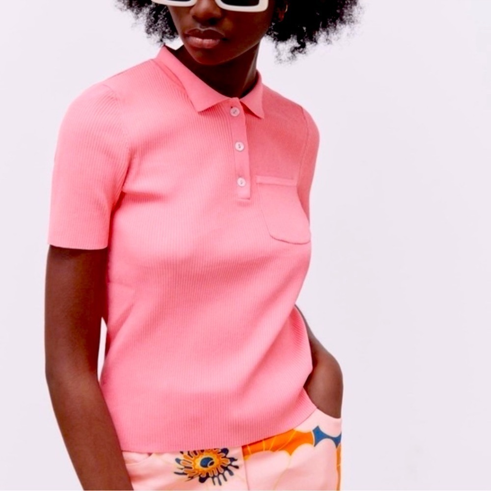 Zara Pink Ribbed Knit Polo Top Size Medium